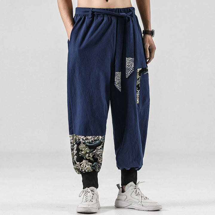 Pantalones harén de algodón con cordones y bolsillos para hombre con estampado de olas del océano y Buddha Stones - image 35