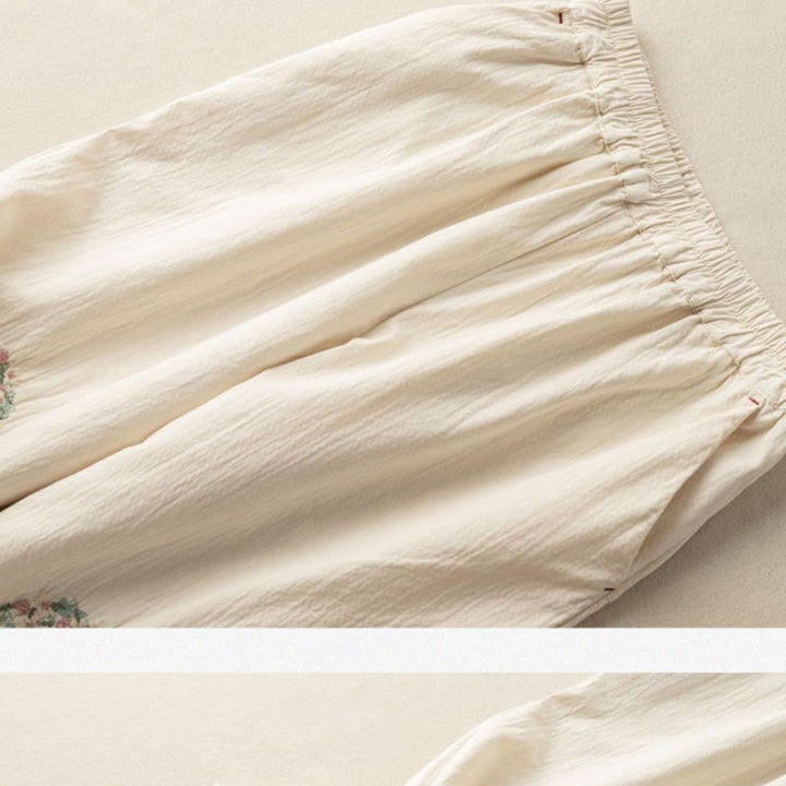 Pantalones harén de algodón con bordados y ribetes de encaje con Buddha Stones y bolsillos