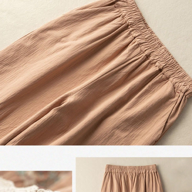 Pantalones harén de algodón con bordados y ribetes de encaje con Buddha Stones y bolsillos