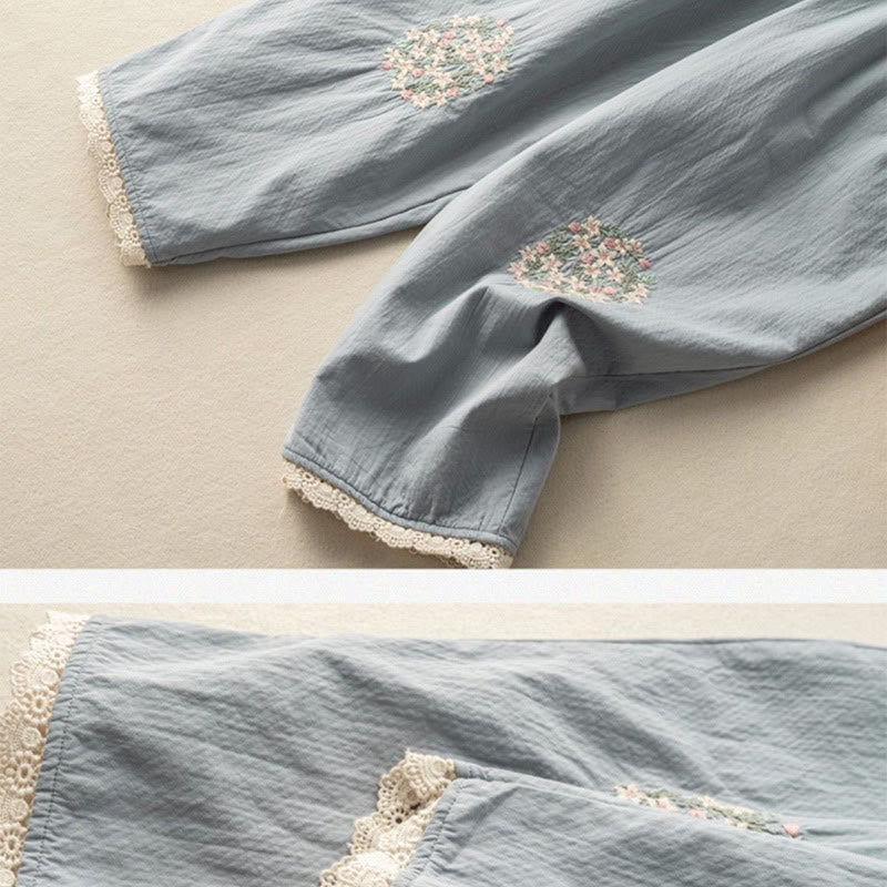 Pantalones harén de algodón con bordados y ribetes de encaje con Buddha Stones y bolsillos