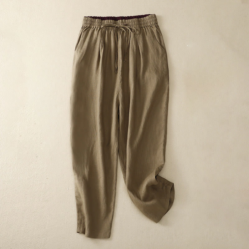 Pantalones harén de lino y algodón con cintura alta y bolsillos con cordones de estilo vintage Buddha Stones - Vara de oro oscura - US8-10,UK/AU12-14,EU40-42 (2XL) - image 0