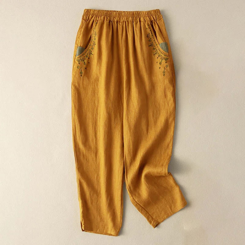 Pantalones capri estilo harén con cintura elástica y bordado vintage de Buddha Stones y bolsillos - Amarillo - US14, UK/AU18, EU46 (4XL) - image 1