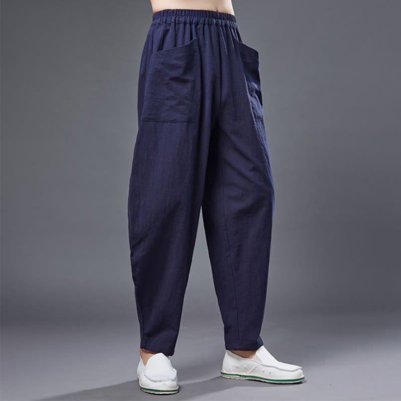 Pantalones harén de lino y algodón con ramio de color liso con cintura elástica y bolsillos para hombre de Buddha Stones