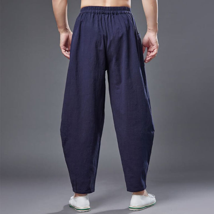 Pantalones harén de lino y algodón con ramio de color liso con cintura elástica y bolsillos para hombre de Buddha Stones