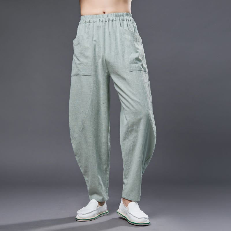 Pantalones harén de lino y algodón con ramio de color liso con cintura elástica y bolsillos para hombre de Buddha Stones