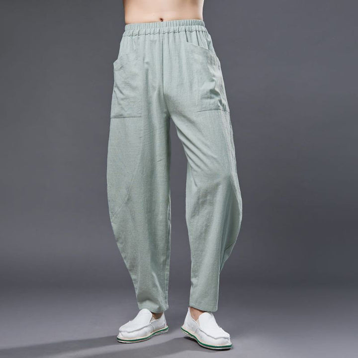 Pantalones harén de lino y algodón con ramio de color liso con cintura elástica y bolsillos para hombre de Buddha Stones