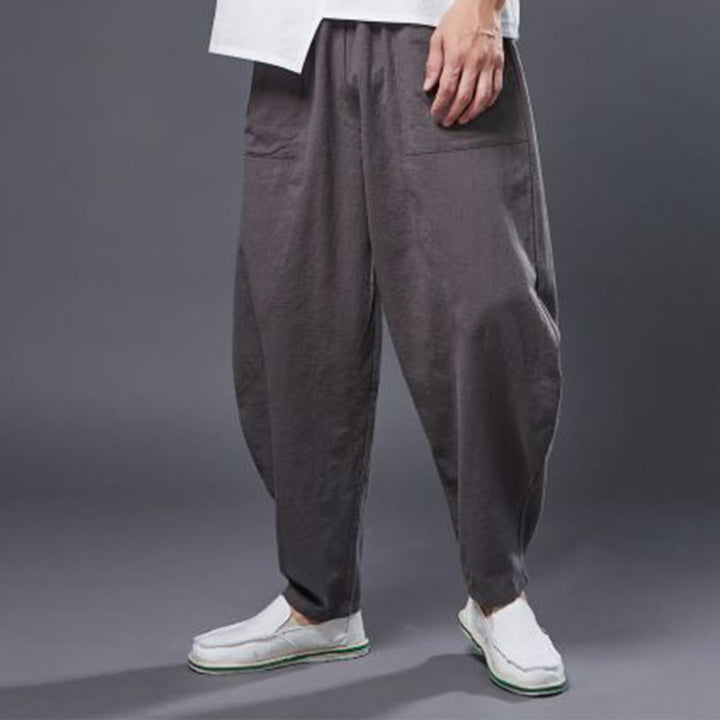 Pantalones harén de lino y algodón con ramio de color liso con cintura elástica y bolsillos para hombre de Buddha Stones