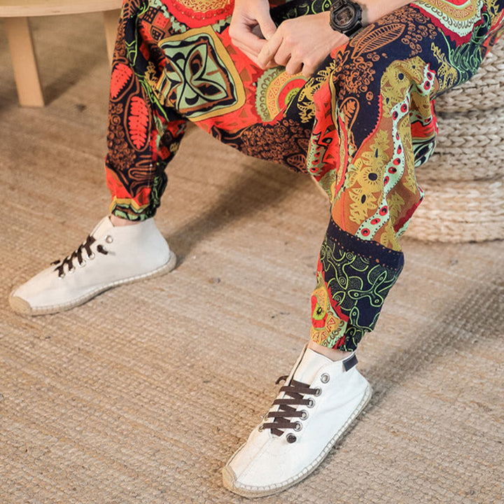 Pantalones harén de algodón con estampado de hojas informales en oro rojo y Buddha Stones para hombre con bolsillos - image 6