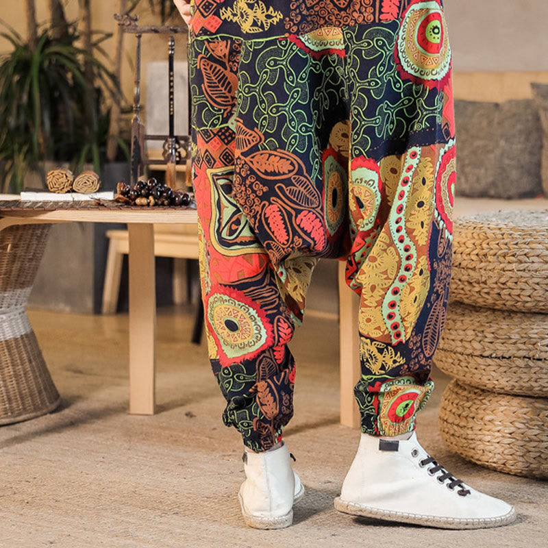 Pantalones harén de algodón con estampado de hojas informales en oro rojo y Buddha Stones para hombre con bolsillos - image 3