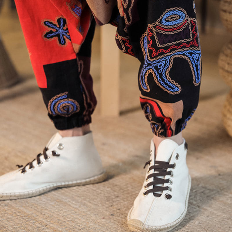 Pantalones harén de algodón con estampado de flores y cuadrícula de Buddha Stones para hombre con bolsillos