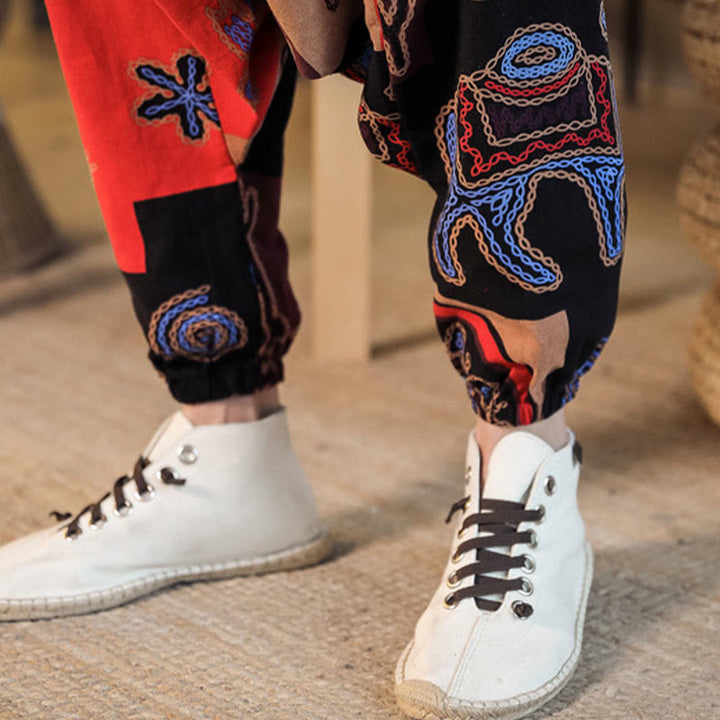 Pantalones harén de algodón con estampado de flores y cuadrícula de Buddha Stones para hombre con bolsillos