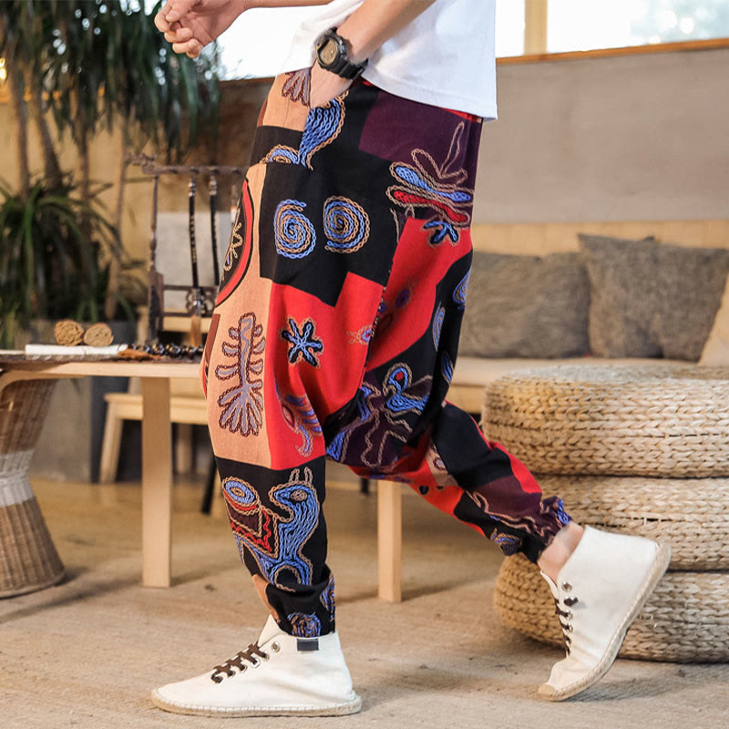 Pantalones harén de algodón con estampado de flores y cuadrícula de Buddha Stones para hombre con bolsillos
