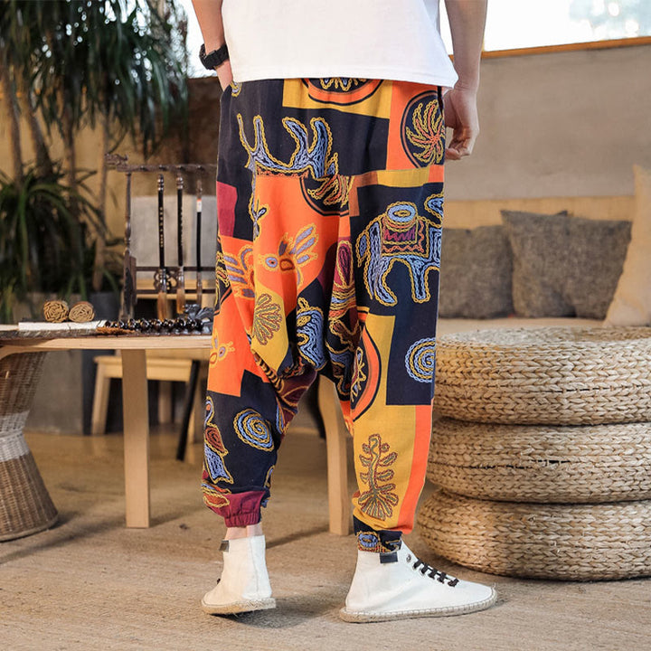 Pantalones harén de algodón con estampado de flores y cuadrícula de Buddha Stones para hombre con bolsillos