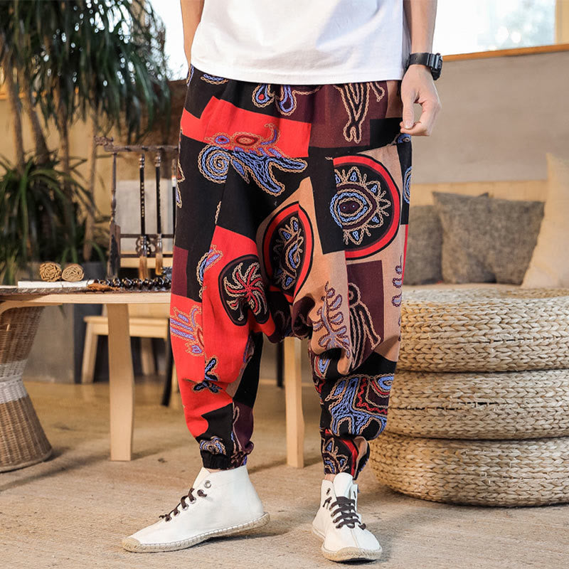 Pantalones harén de algodón con estampado de flores y cuadrícula de Buddha Stones para hombre con bolsillos