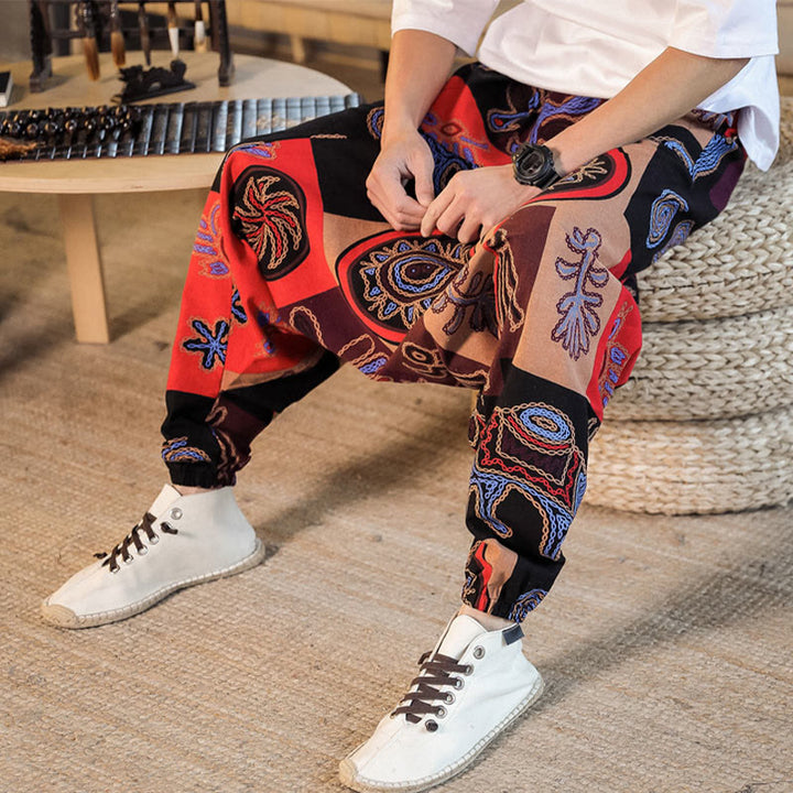 Pantalones harén de algodón con estampado de flores y cuadrícula de Buddha Stones para hombre con bolsillos