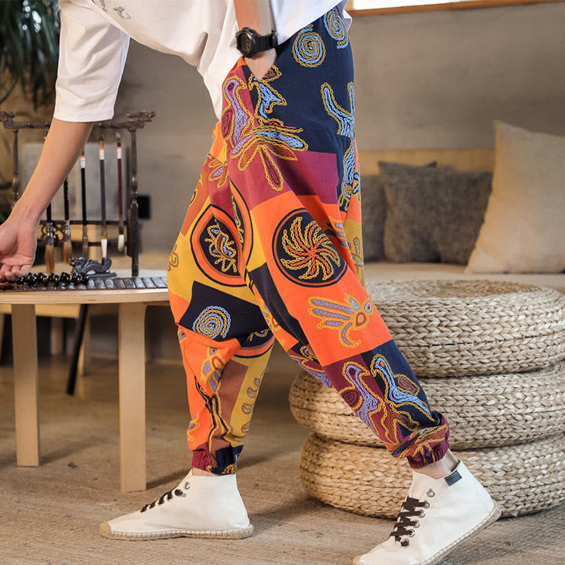 Pantalones harén de algodón con estampado de flores y cuadrícula de Buddha Stones para hombre con bolsillos