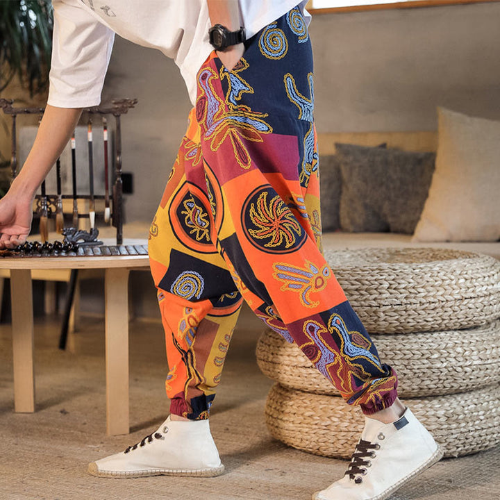 Pantalones harén de algodón con estampado de flores y cuadrícula de Buddha Stones para hombre con bolsillos