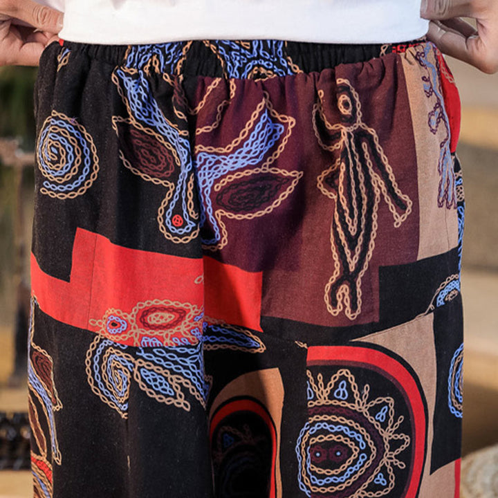 Pantalones harén de algodón con estampado de flores y cuadrícula de Buddha Stones para hombre con bolsillos