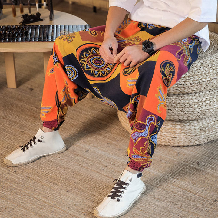 Pantalones harén de algodón con estampado de flores y cuadrícula de Buddha Stones para hombre con bolsillos