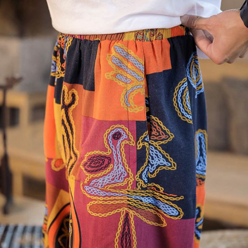 Pantalones harén de algodón con estampado de flores y cuadrícula de Buddha Stones para hombre con bolsillos