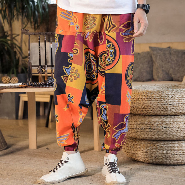 Pantalones harén de algodón con estampado de flores y cuadrícula de Buddha Stones para hombre con bolsillos