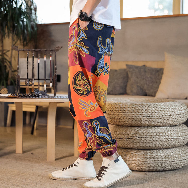 Pantalones harén de algodón con estampado de flores y cuadrícula de Buddha Stones para hombre con bolsillos