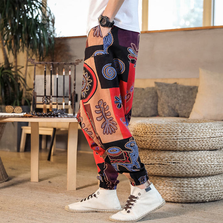 Pantalones harén de algodón con estampado de flores y cuadrícula de Buddha Stones para hombre con bolsillos