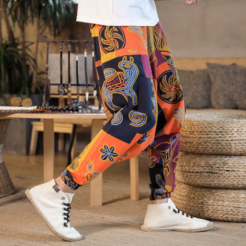 Pantalones harén de algodón con estampado de flores y cuadrícula de Buddha Stones para hombre con bolsillos