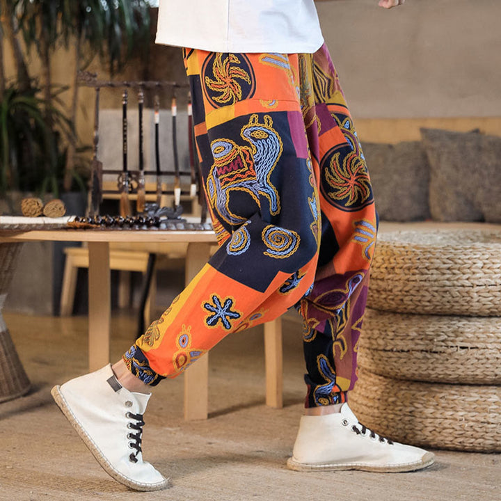 Pantalones harén de algodón con estampado de flores y cuadrícula de Buddha Stones para hombre con bolsillos