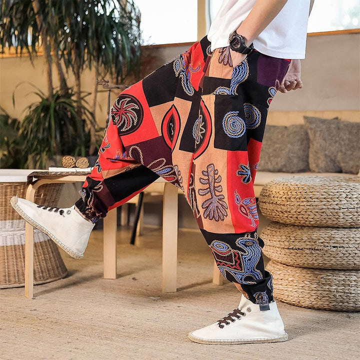 Pantalones harén de algodón con estampado de flores y cuadrícula de Buddha Stones para hombre con bolsillos