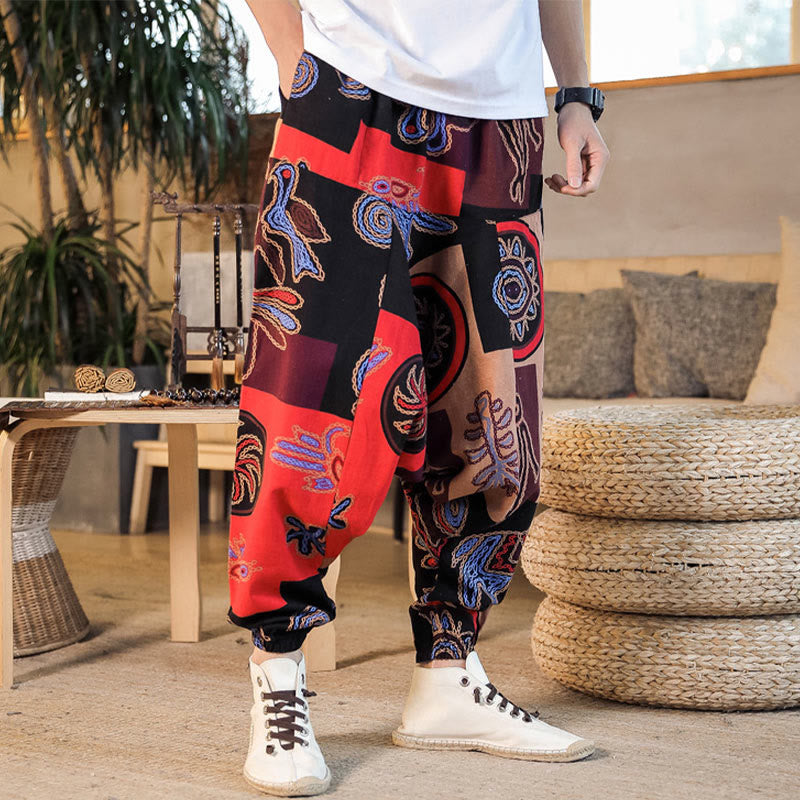 Pantalones harén de algodón con estampado de flores y cuadrícula de Buddha Stones para hombre con bolsillos