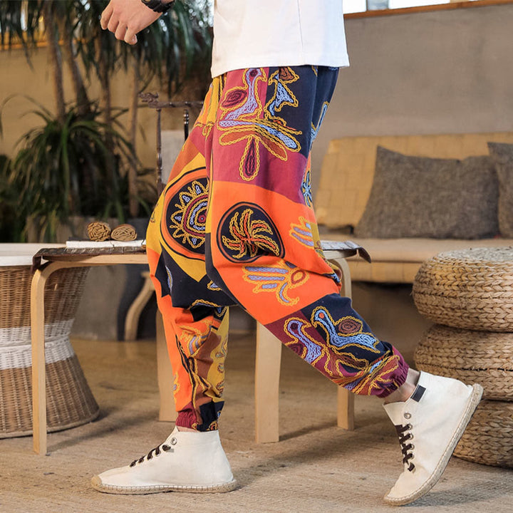 Pantalones harén de algodón con estampado de flores y cuadrícula de Buddha Stones para hombre con bolsillos