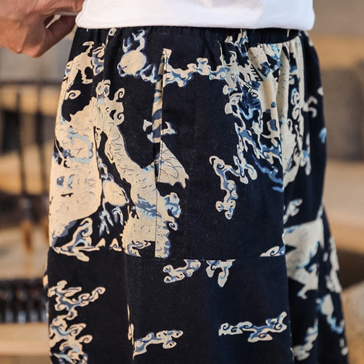 Pantalones harén de algodón con estampado de dragón chino y Buddha Stones para hombre con bolsillos - image 9