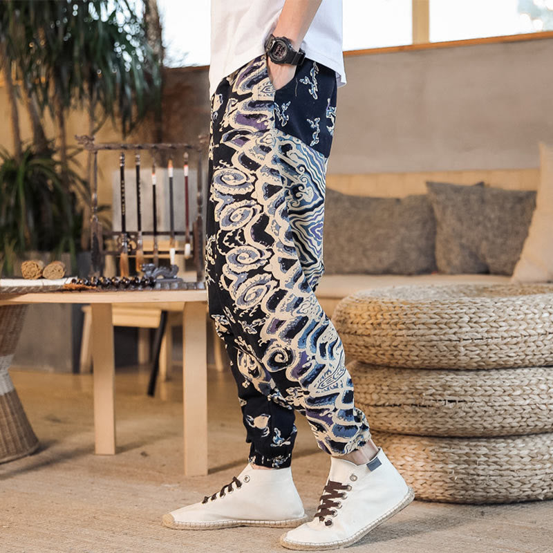 Pantalones harén de algodón con estampado de dragón chino y Buddha Stones para hombre con bolsillos - image 1