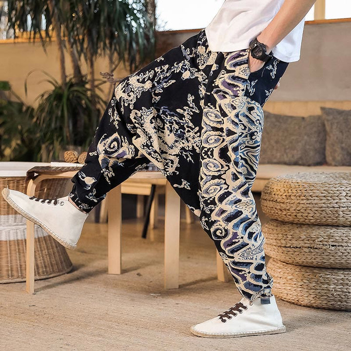Pantalones harén de algodón con estampado de dragón chino y Buddha Stones para hombre con bolsillos - image 6