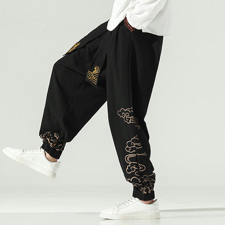Pantalones harén de lino y algodón con cordón y bolsillos para hombre con nubes auspiciosas y Buddha Stones - image 7