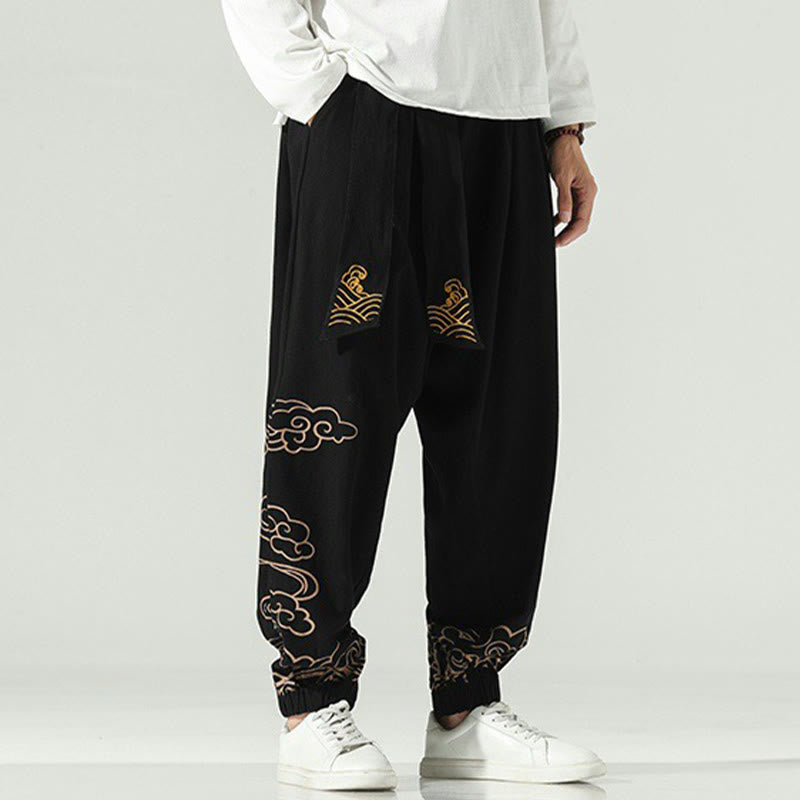 Pantalones harén de lino y algodón con cordón y bolsillos para hombre con nubes auspiciosas y Buddha Stones - image 1