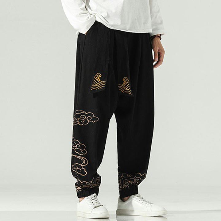 Pantalones harén de lino y algodón con cordón y bolsillos para hombre con nubes auspiciosas y Buddha Stones - image 1