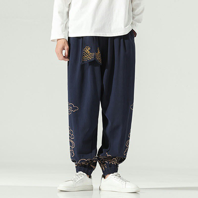 Pantalones harén de lino y algodón con cordón y bolsillos para hombre con nubes auspiciosas y Buddha Stones - Azul medianoche - US/UK/AU46, EU56 (5XL) - image 11