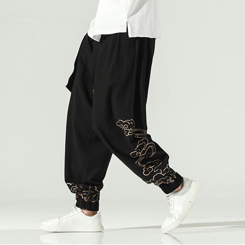 Pantalones harén de lino y algodón con cordón y bolsillos para hombre con nubes auspiciosas y Buddha Stones - image 8