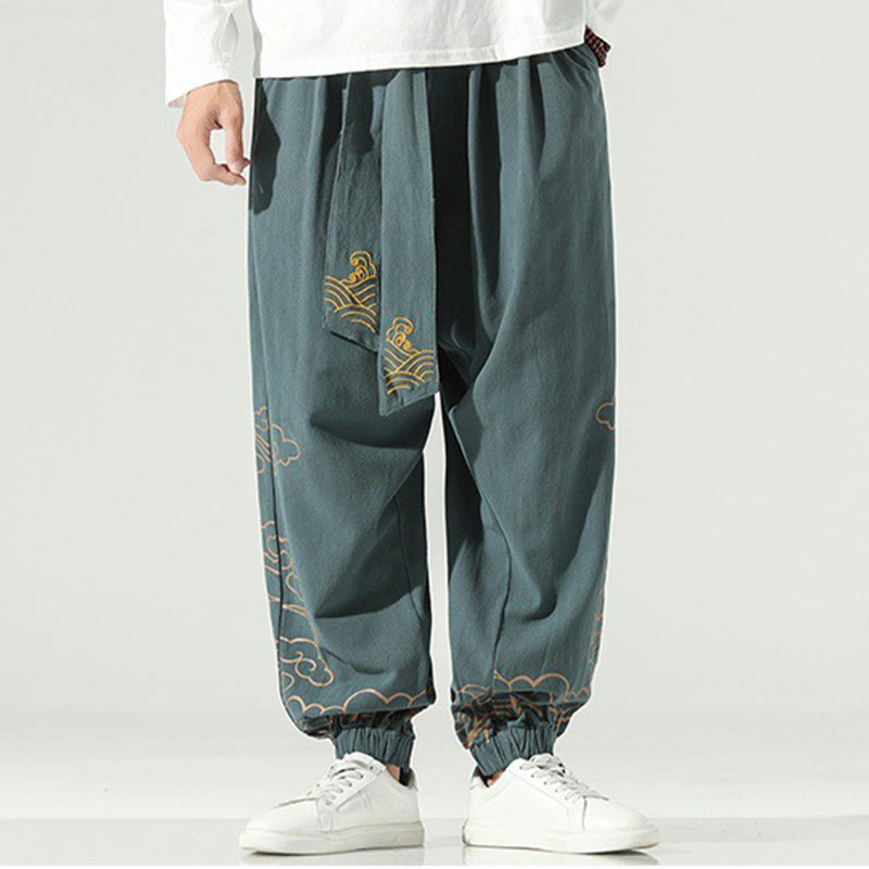 Pantalones harén de lino y algodón con cordón y bolsillos para hombre con nubes auspiciosas y Buddha Stones - image 23