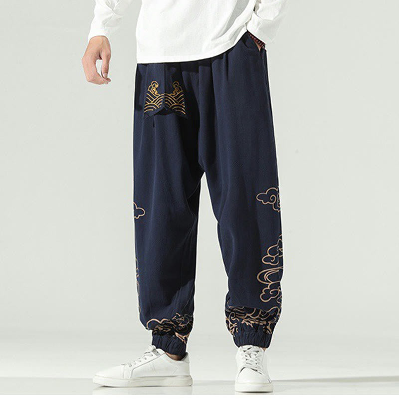 Pantalones harén de lino y algodón con cordón y bolsillos para hombre con nubes auspiciosas y Buddha Stones - image 13