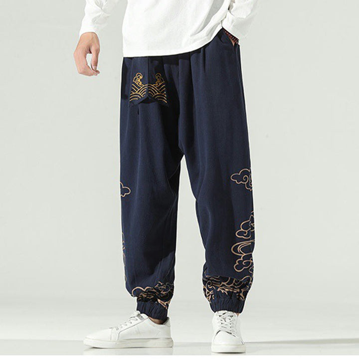 Pantalones harén de lino y algodón con cordón y bolsillos para hombre con nubes auspiciosas y Buddha Stones - image 13