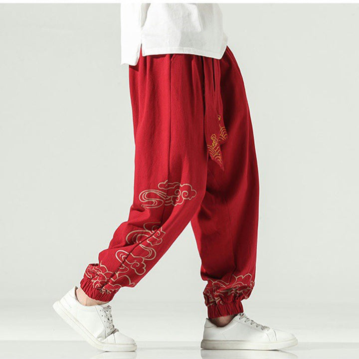 Pantalones harén de lino y algodón con cordón y bolsillos para hombre con nubes auspiciosas y Buddha Stones - image 21