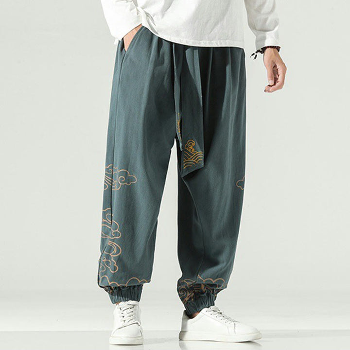 Pantalones harén de lino y algodón con cordón y bolsillos para hombre con nubes auspiciosas y Buddha Stones - Cian oscuro - US/UK/AU46, EU56 (5XL) - image 22
