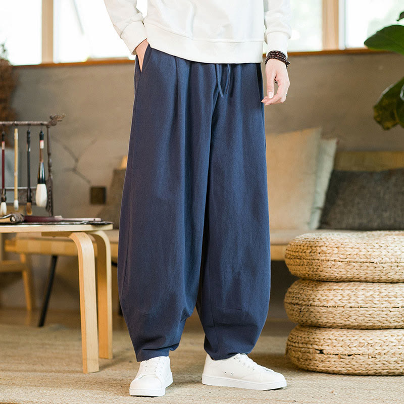 Pantalones harén de lino y algodón de color liso con cordón y bolsillos para hombre con Buddha Stones - Azul oscuro - US/UK/AU46, EU56 (5XL) - image 0