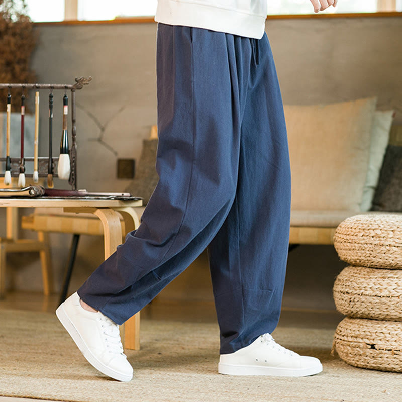 Pantalones harén de lino y algodón de color liso con cordón y bolsillos para hombre con Buddha Stones - image 1