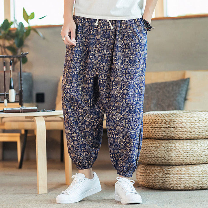 Pantalones harén de lino y algodón con cordón y estampado de mandalas doradas con Buddha Stones para hombre con bolsillos - image 6