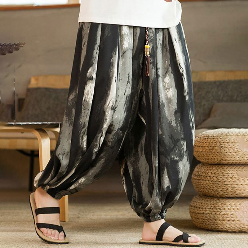Pantalones harén de lino y algodón con degradado de tinta blanca y negra con Buddha Stones y cordón trenzado para hombre con bolsillos - image 5