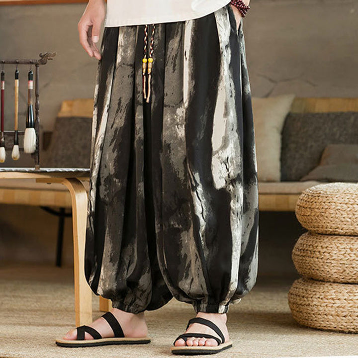 Pantalones harén de lino y algodón con degradado de tinta blanca y negra con Buddha Stones y cordón trenzado para hombre con bolsillos - image 3